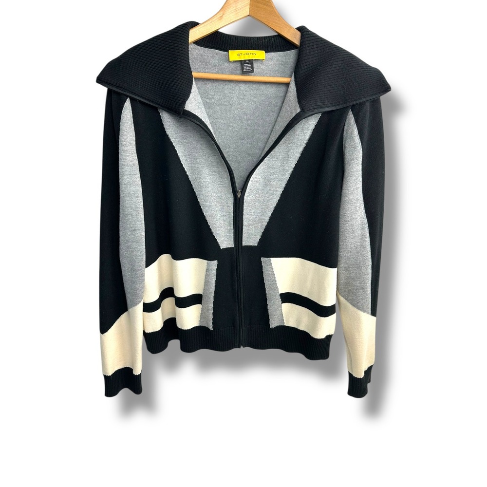 St John Knits Women XL Geometric Colorblock Wool Full Zip Cardigan Sweater